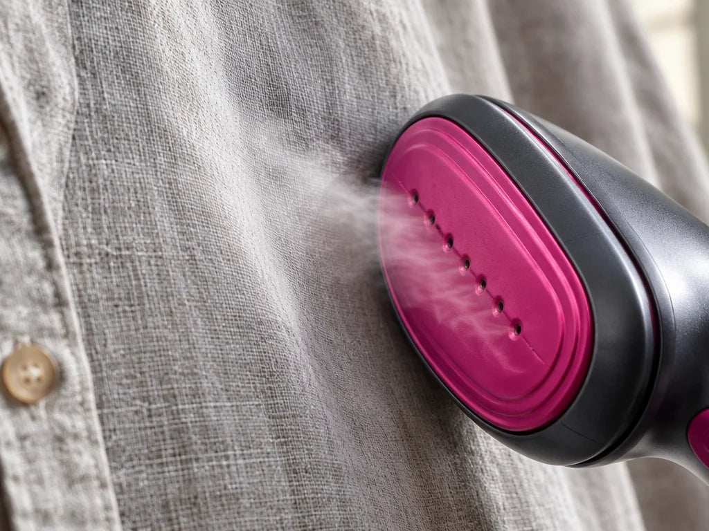 A tight macro photograph of the real rounded magenta-pink steam face and charcoal rim of the exact h