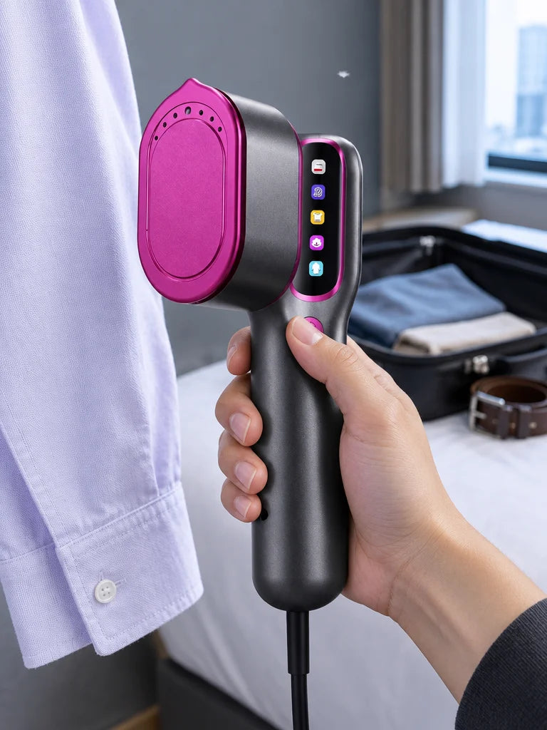 A close vertical photograph of the exact magenta-pink and charcoal handheld steamer during a real gr