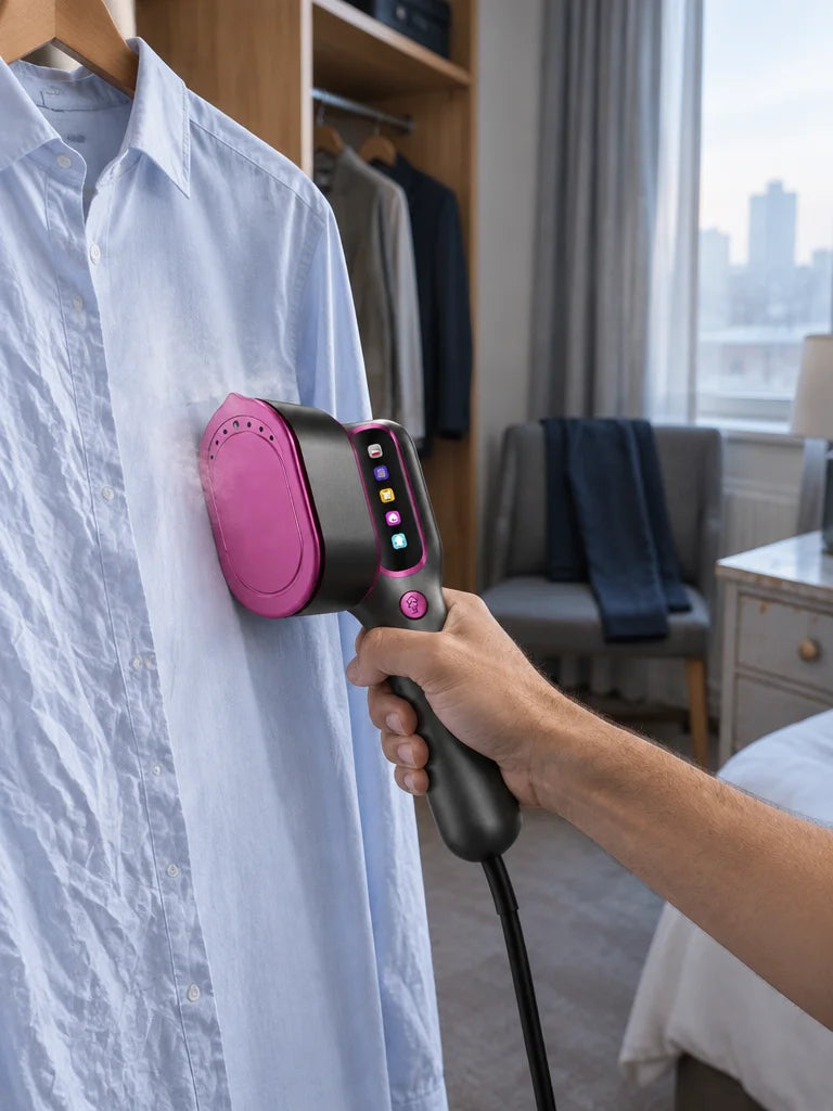 A side-on photograph in a different hotel room at early morning: the exact magenta-pink and charcoal