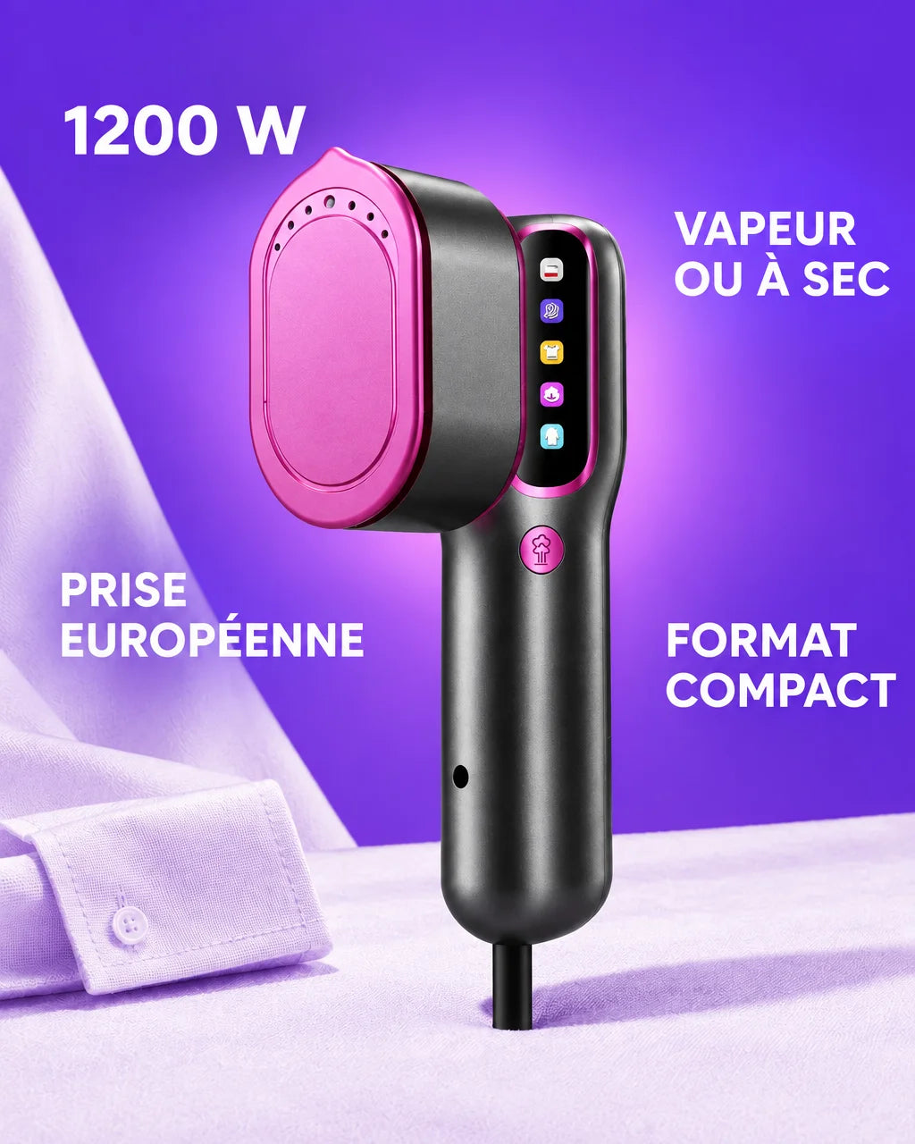 A product-led facts poster built first as a studio photograph: the exact compact handheld steamer fr